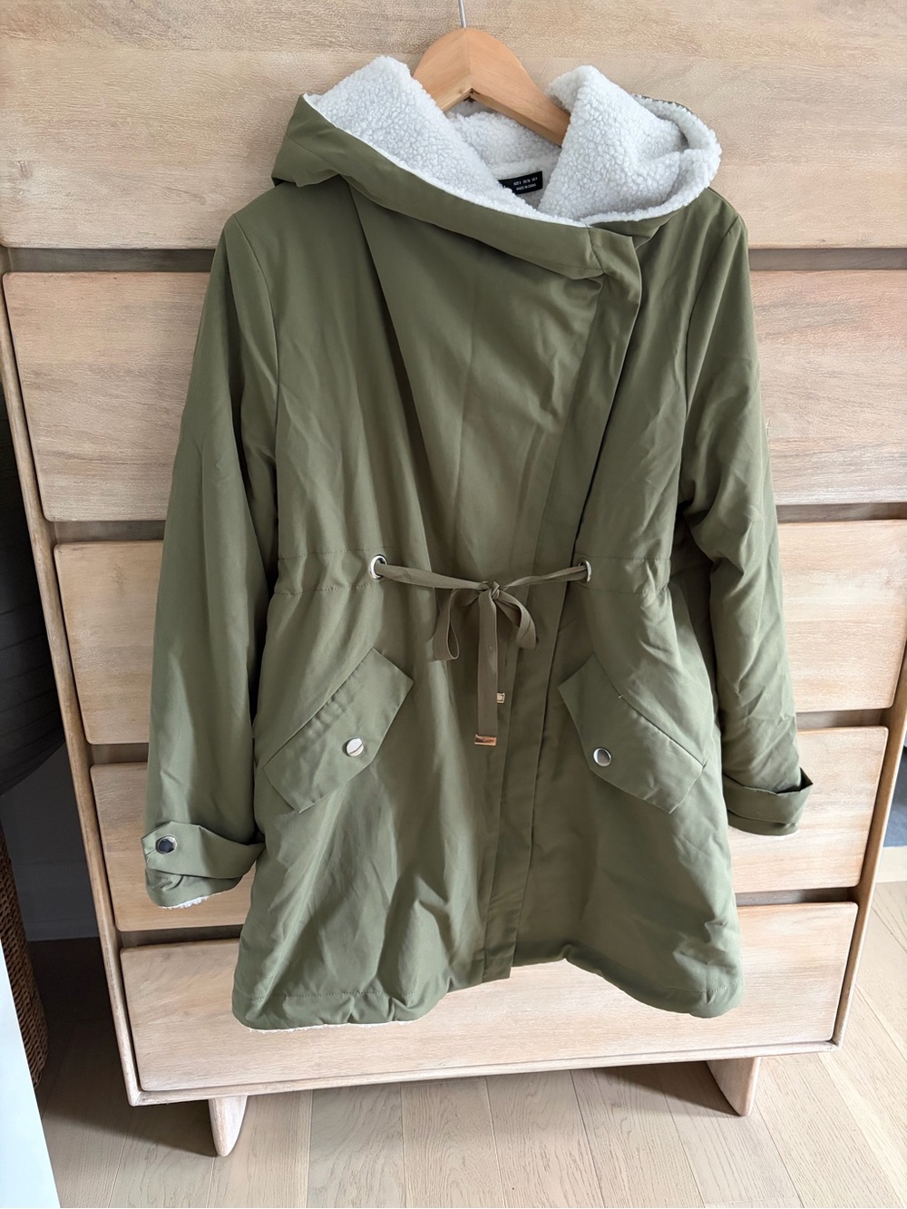 NWOT SHEIN Army Green Maternity Drawstring Hooded Coat with Sherpa Lining